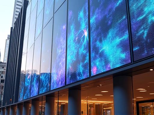 An architectural facade with integrated dynamic digital displays.