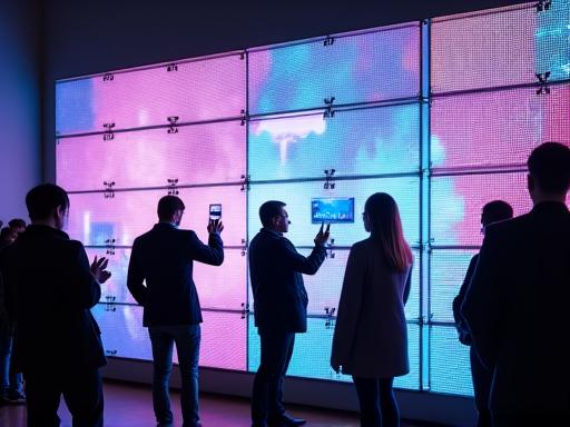 People interacting with a responsive LED wall.