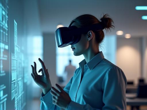 A person wearing a VR headset exploring a digital architectural model.